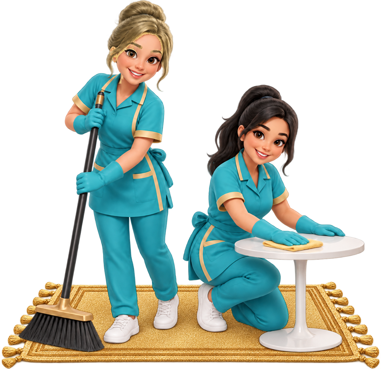 Two cartoon professional cleaners working over a gold tasseled rug